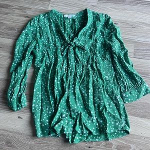 BODEN Women’s Size 2 XS Green Star Blouse Bow 3/4 Sleeve lightweight